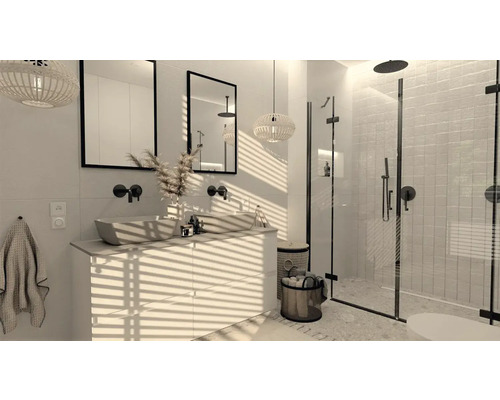 Modernes Badezimmer mit Waschtisch, Spiegeln und Duschkabine