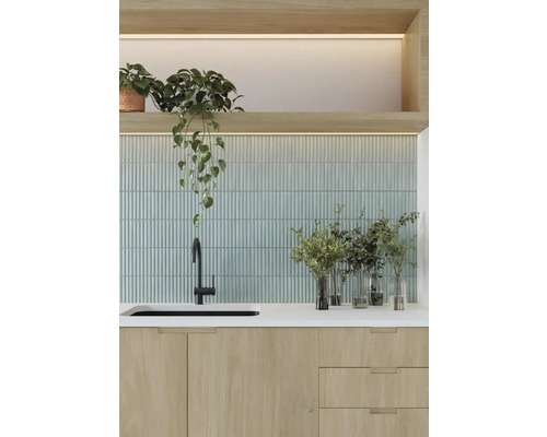 Scène de cuisine avec évier, robinet, mur carrelé et plantes