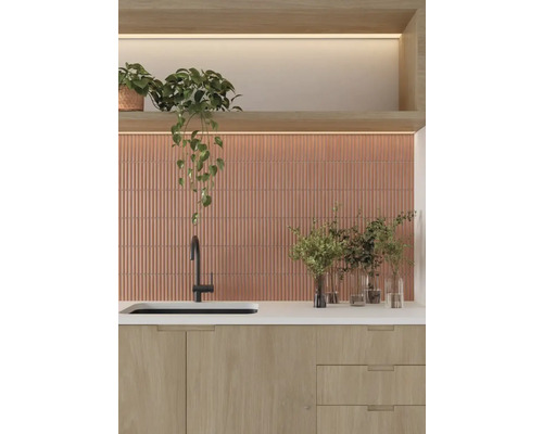 Scène de cuisine avec évier, robinet, mur carrelé et décoration