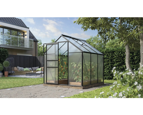 Gewächshaus Vitavia Comet 3800 Hohlkammerplatten 4 mm 195 x 195 cm schwarz Gewächshaus im Garten mit Pflanzen