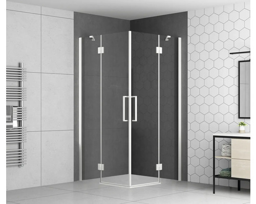 Accès d'angle avec porte pivotante avec partie fixe form&style BALLINO 90 x 90 cm couleur du profilé blanc décor de vitre verre transparent butée de porte à gauche butée de porte à droite