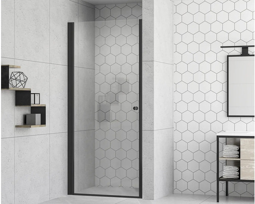 Porte de douche avec porte pivotante form&style MODENA 80 x 195 cm profilé noir mat verre transparent revêtement résistant à la saleté