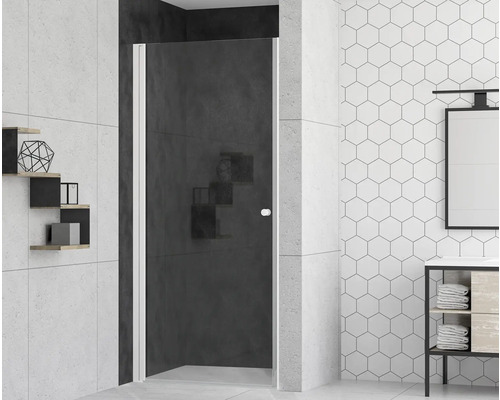 Porte de douche avec porte pivotante form&style MODENA 80 x 195 cm profilé blanc mat verre transparent revêtement résistant à la saleté