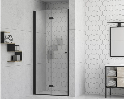 Porte de douche avec porte à vantaux pliants et tournants form&style MODENA 90 x 195 cm profilé noir mat verre transparent revêtement résistant à la saleté