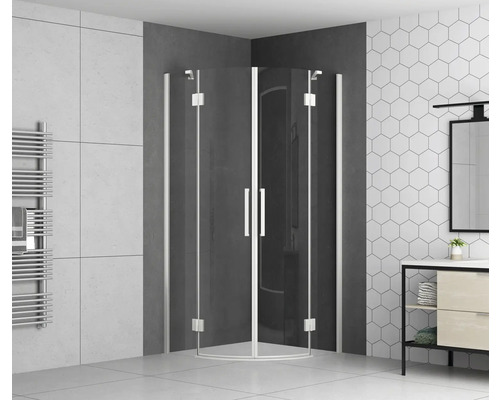 Douche ronde avec porte pivotante avec partie fixe form&style ROMALLO 90 x 90 cm couleur du profilé blanc décor de vitre verre transparent butée de porte à gauche butée de porte à droite