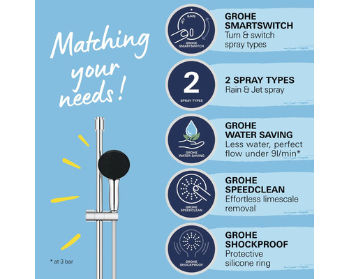 Système de douche Grohe avec fonction Smartswitch, deux types de jet, fonction d''économie d''eau, technologie Speedclean et anneau en silicone Shockproof