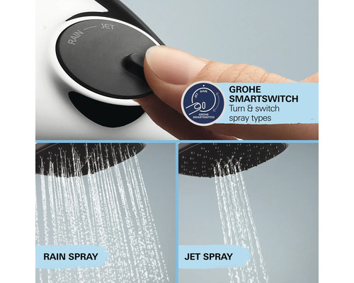 Pomme de douche Grohe Smartswitch avec différents types de jets
