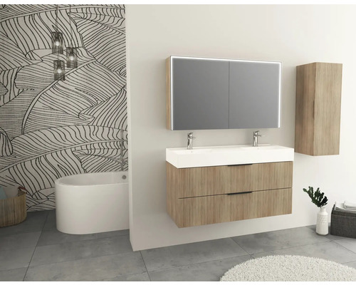 Salle de bains moderne avec meuble sous-lavabo, double vasque, armoire de toilette avec éclairage et armoire haute