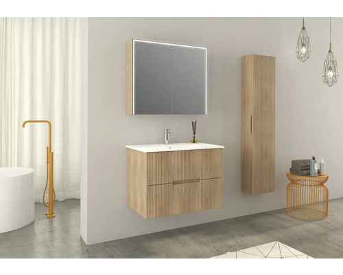 Salle de bains moderne avec meuble sous-lavabo, armoire de toilette avec éclairage et armoire haute