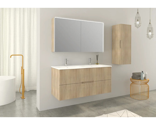 Salle de bains avec meuble sous-lavabo, armoire de toilette et armoire haute