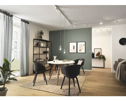 Salon avec table à manger, chaises et système d''étagères