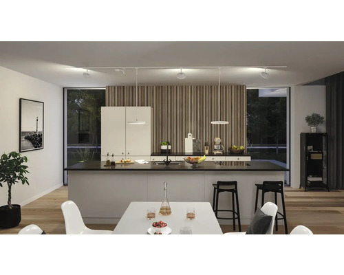 Cuisine moderne avec îlot de cuisson, table à manger et éclairage sur rail