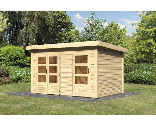 Abri de jardin en bois avec double porte et fenêtres dans le jardin