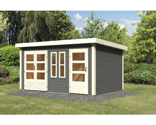 Abri de jardin en bois avec fenêtres et portes