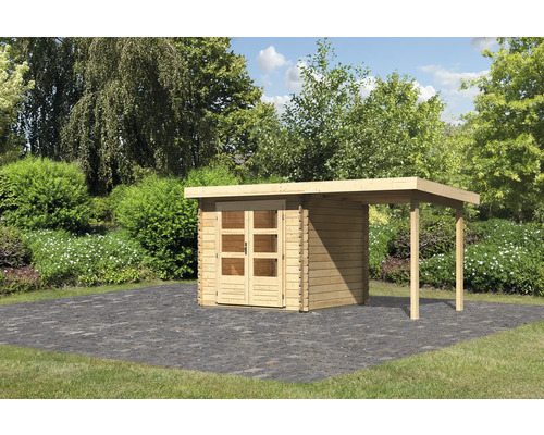 Chalet de jardin en madriers Karibu Noorvik 2 avec toit en appentis 2 m 454 x 273 cm naturel Chalet de jardin en madriers Karibu Noorvik 2 avec toit en appentis 2 m 454 x 273 cm naturel