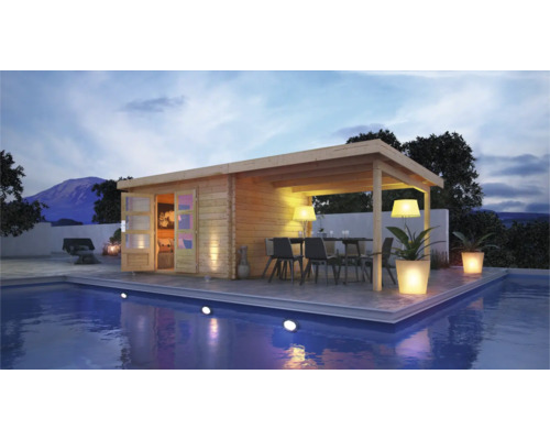 Chalet de jardin en madriers Karibu Noorvik 7 avec toit en appentis 4 m 739 x 297 cm naturel