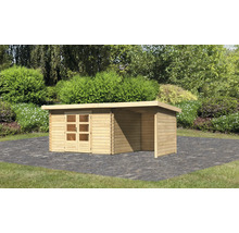 Abri de jardin en bois avec porte double et annexe dans le jardin