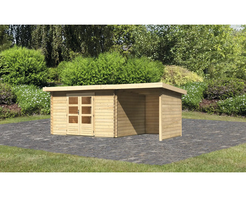 Chalet de jardin en madriers Karibu Noorvik 7 avec toit en appentis 2 m, paroi arrière et paroi latérale 574,5 x 333 cm naturel Abri de jardin en bois avec porte double et annexe dans le jardin