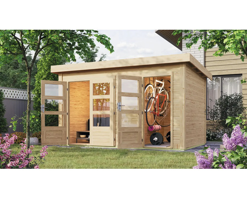 Abri de jardin Karibu Graubünden 1 avec local technique 398 x 273 cm naturel Abri de jardin en bois avec double porte et fenêtres pour ranger des vélos et des équipements de sport