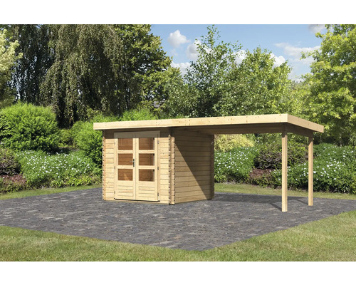 Chalet de jardin en madriers Karibu Noorvik 2 avec toit en appentis 3 m 554 x 273 cm naturel Chalet de jardin en madriers Karibu Noorvik 2 avec toit en appentis 3 m 554 x 273 cm naturel