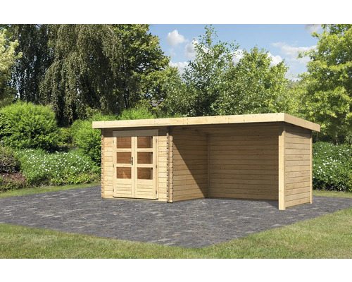 Chalet de jardin en madriers Karibu Noorvik 2 avec toit en appentis de 3 m parois arrière et latérale 554 x 273 cm naturel Chalet de jardin en madriers Karibu Noorvik 2 avec toit en appentis de 3 m parois arrière et latérale 554 x 273 cm naturel