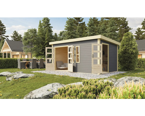Abri de jardin Karibu Graubünden 2 avec local technique 458 x 302 cm gris terre Abri de jardin moderne avec porte double et fenêtre dans le jardin