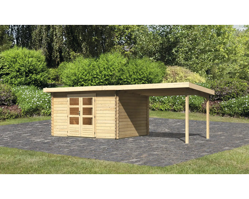 Chalet de jardin en madriers Karibu Noorvik 7 avec toit en appentis 3 m 639 x 297 cm naturel