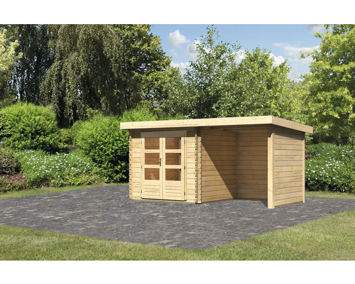 Chalet de jardin en madriers Karibu Noorvik 2 avec toit en appentis 2 m, paroi arrière et paroi latérale 419 x 237 cm naturel