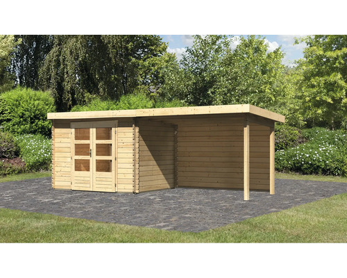 Abri de jardin en bois avec double porte et extension dans le jardin