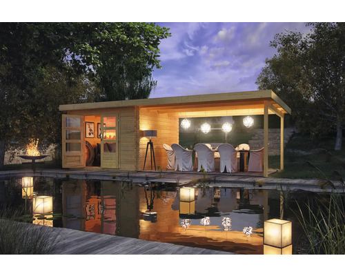 Chalet de jardin en madriers Karibu Noorvik 5 avec toit en appentis 4 m 679 x 297 cm naturel