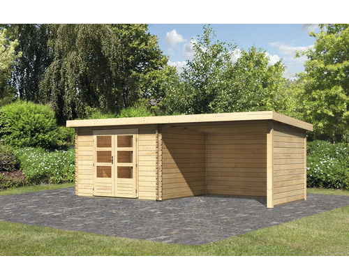 Chalet de jardin Karibu Noorvik 5 avec toit en appentis de 3 m, parois latérale et arrière 580x297 cm naturel