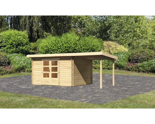 Chalet de jardin en madriers Karibu Noorvik 7 avec toit en appentis 2 m 574 x 333 cm naturel Chalet de jardin en madriers Karibu Noorvik 7 avec toit en appentis 2 m 574 x 333 cm naturel
