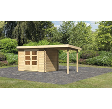 Holzgartenhaus mit Überdachung im Garten