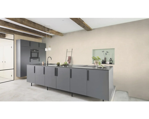 Cuisine moderne avec îlot de cuisine, armoire suspendue et plafond à poutres en bois