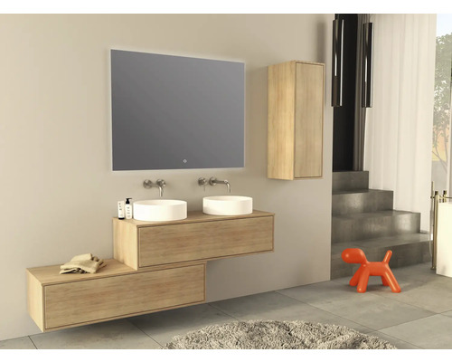 Salle de bains moderne avec double vasque, miroir et armoire haute.