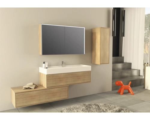 Salle de bains moderne avec lavabo, armoire de toilette et armoire haute aspect bois