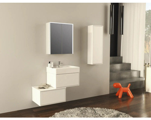 Modernes Badezimmer mit Waschtisch, Spiegelschrank und Hängeschrank für ein stilvolles Ambiente