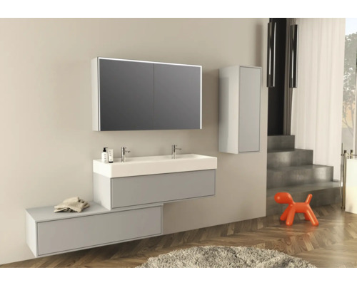 Salle de bain moderne avec lavabo, armoire de toilette et armoire haute