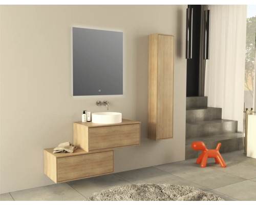 Salle de bains moderne avec lavabo, miroir, armoire haute et modèle de chien ludique