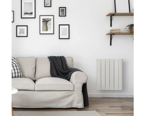 Wohnzimmer mit Sofa, Heizkörper und Wanddekoration für ein gemütliches Ambiente