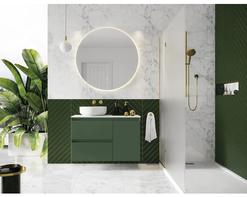 Salle de bains moderne avec meuble sous-lavabo vert, miroir rond et douche