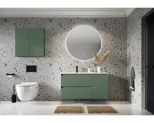 Salle de bain moderne avec meuble-lavabo, miroir, WC et rangement