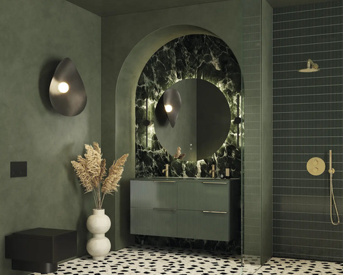 Salle de bain moderne avec meuble-lavabo, miroir et douche