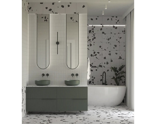 Salle de bain moderne avec meuble-lavabo double, miroirs et baignoire îlot