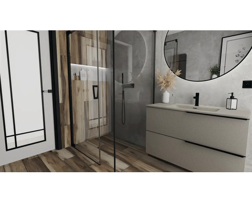 Modernes Badezimmer mit Dusche, Waschtisch und Spiegel