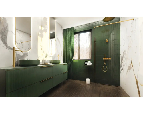 Salle de bain avec meubles verts, douche et murs en marbre