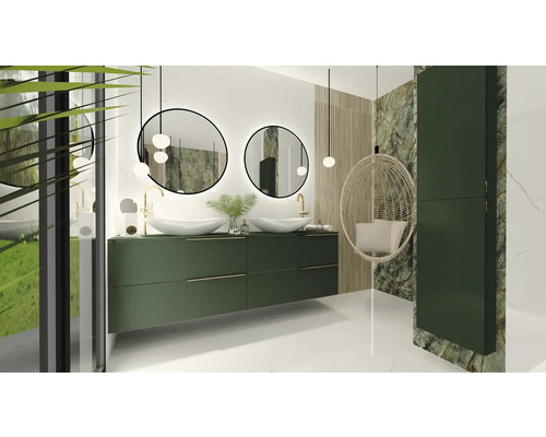 Salle de bains avec meuble sous-lavabo, vasques à poser, miroirs ronds, suspensions et fauteuil suspendu