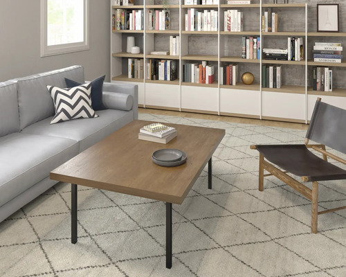 Wohnzimmer mit Sofa, Couchtisch, Sessel und Bücherregal.