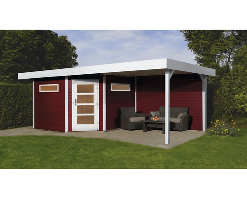 Lounge Haus weka Davos mit Fussboden und Lounge 646 x 338 cm schwedischrot Modernes Gartenhaus mit Terrasse und Sitzbereich im Garten