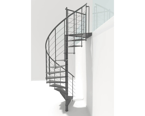 Un escalier en colimaçon en métal avec rampe.